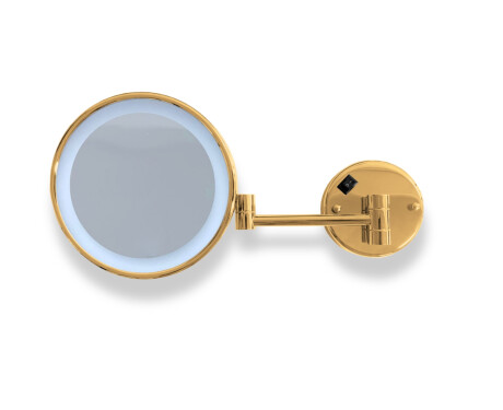 Miroir de maquillage grossissant 3x, rond, éclairage LED à lumière neutre, inclinable, double bras articulé / finition dorée brillante