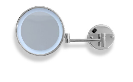Miroir de maquillage grossissant 3x, rond, éclairage LED à lumière neutre, inclinable, double bras articulé / chromé