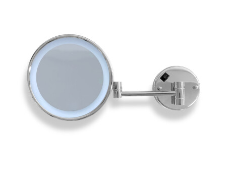 Miroir de maquillage grossissant 3x, rond, éclairage LED à lumière neutre, inclinable, double bras articulé / chromé