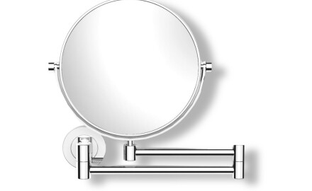 Miroir de maquillage droit / grossissant 3x, rond, inclinable, à double bras articulé / chromé