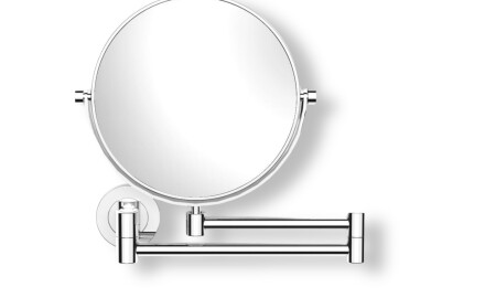 Miroir de maquillage droit / grossissant 5x, rond, inclinable, à double bras articulé / chromé
