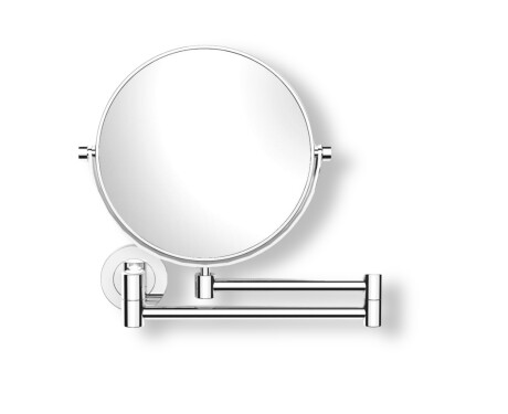 Miroir de maquillage droit / grossissant 5x, rond, inclinable, à double bras articulé / chromé