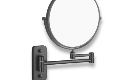 Miroir de maquillage droit / grossissant 3x, rond, inclinable, à double bras articulé / noir mat