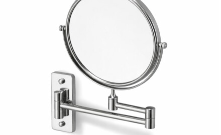 Miroir de maquillage droit / grossissant 3x, rond, rabattable, à double bras articulé / chromé