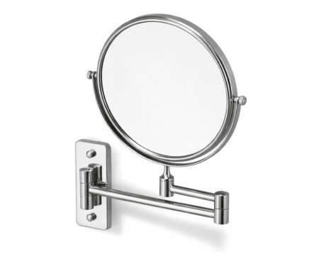 Miroir de maquillage droit / grossissant 3x, rond, rabattable, à double bras articulé / chromé