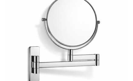 Miroir de maquillage droit / grossissant 3x, rond, rabattable, à double bras articulé / chromé