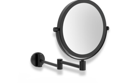 Miroir de maquillage droit / grossissant 3x, rond, inclinable, à double bras articulé / noir mat