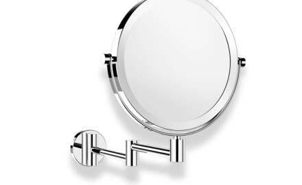 Miroir de maquillage droit / grossissant 3x, rond, rabattable, à double bras articulé / chromé