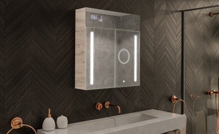 Meuble de salle de bain avec miroir LED L02 Emily 66,5 x 72 cm en coloris Chêne Oslo